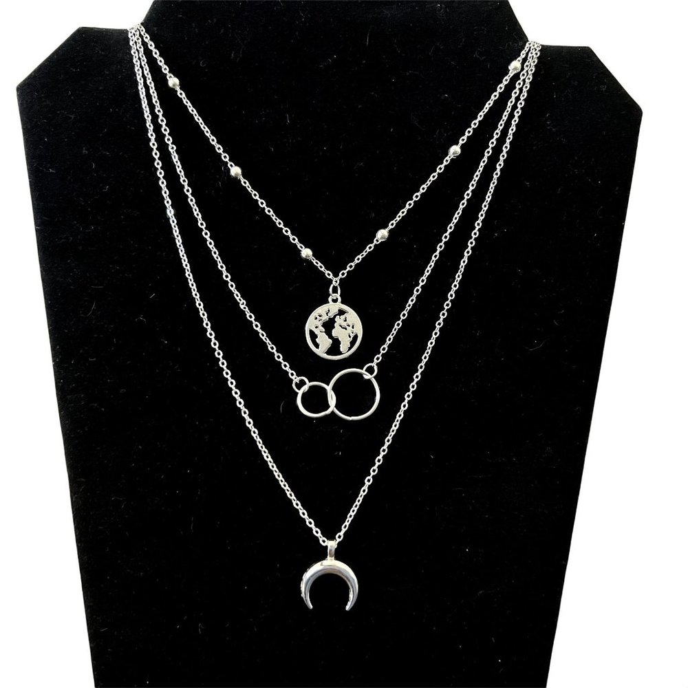 NEW Ellie Sage Adventure Seeker Multi Layered Necklace 3 Strands Silver